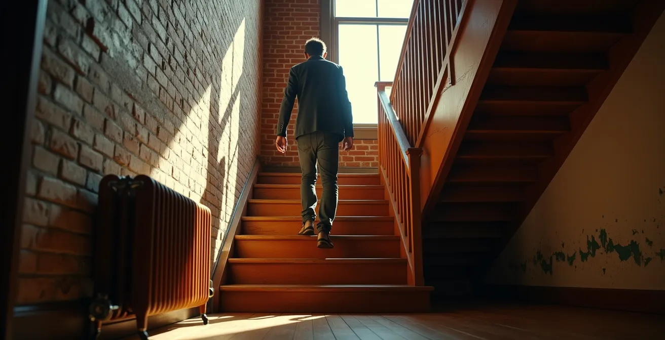 Vue intérieure d'un triplex typique du Plateau avec escalier en bois et murs de briques apparentes