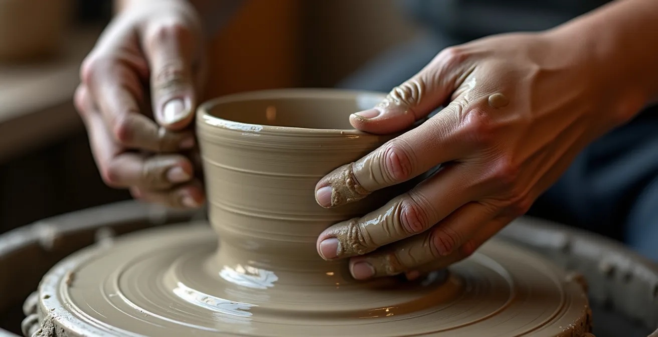 Gros plan sur les mains d'un céramiste façonnant l'argile sur un tour de potier