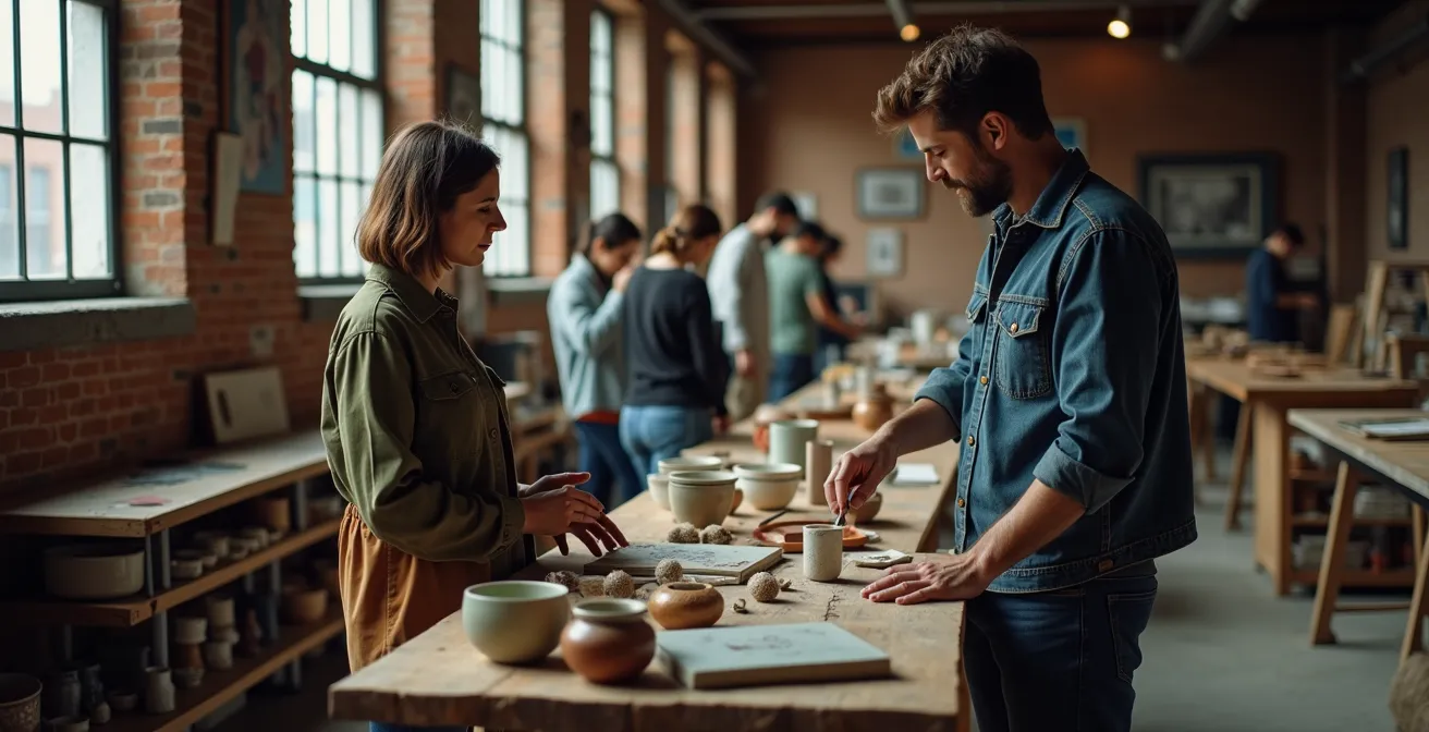 Vue intérieure d'un ancien bâtiment industriel du Mile End reconverti en ateliers d'artistes
