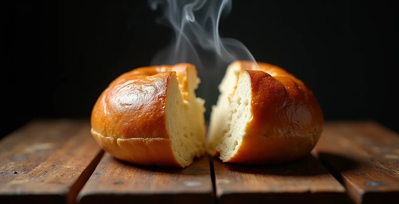 Coupe transversale d'un bagel montréalais montrant le contraste de textures