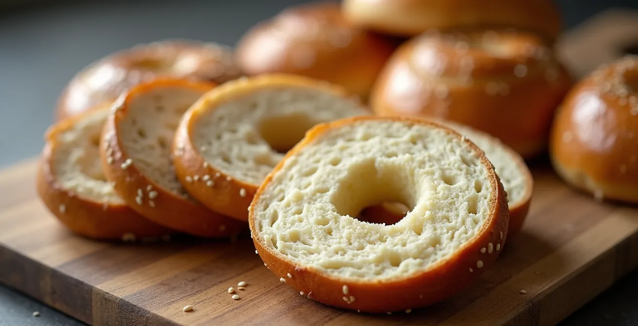 Bagels tranchés prêts pour la congélation sur une surface en bois