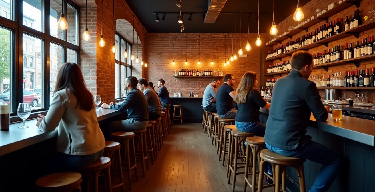 Intérieur animé d'une buvette montréalaise avec clients sur tabourets hauts et éclairage chaleureux