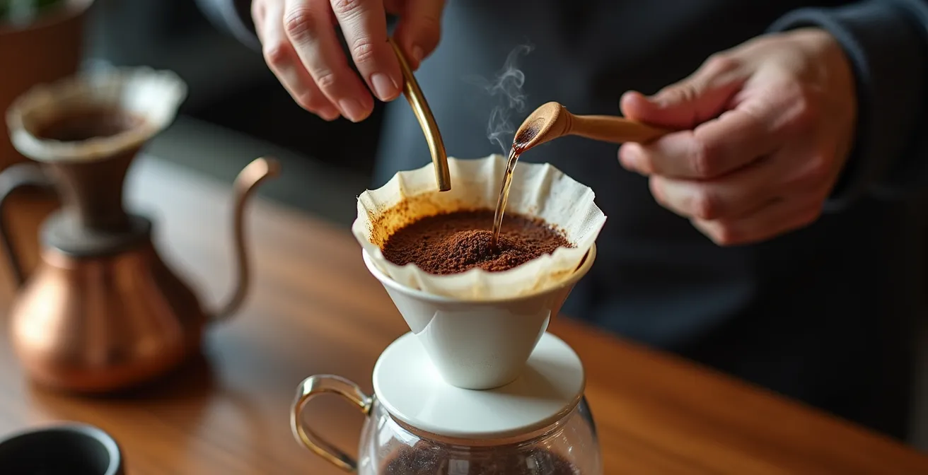 Barista préparant un café avec méthode V60 dans un café du Mile End
