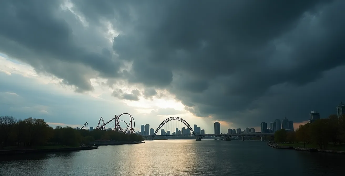 Illustration du calcul de risque météo pour une visite à La Ronde avec nuages d'orage au-dessus du parc