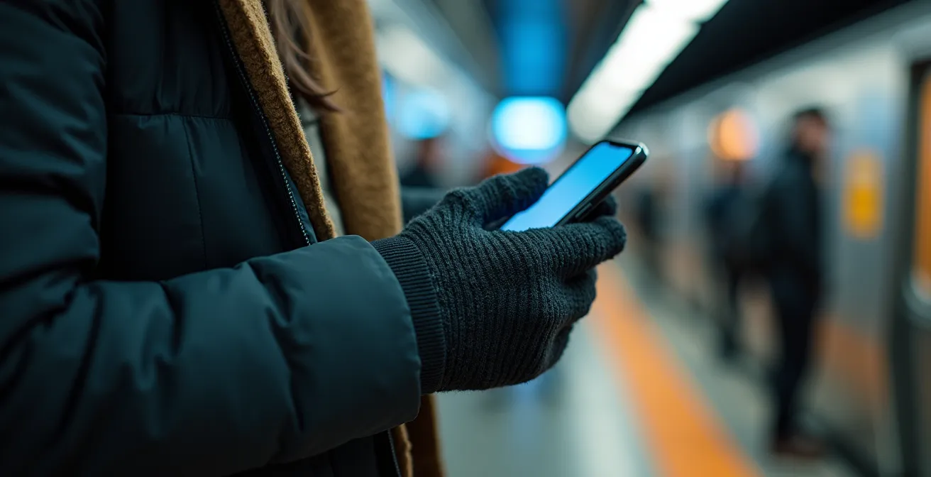 Personne planifiant son trajet sur une application mobile dans le métro de Montréal