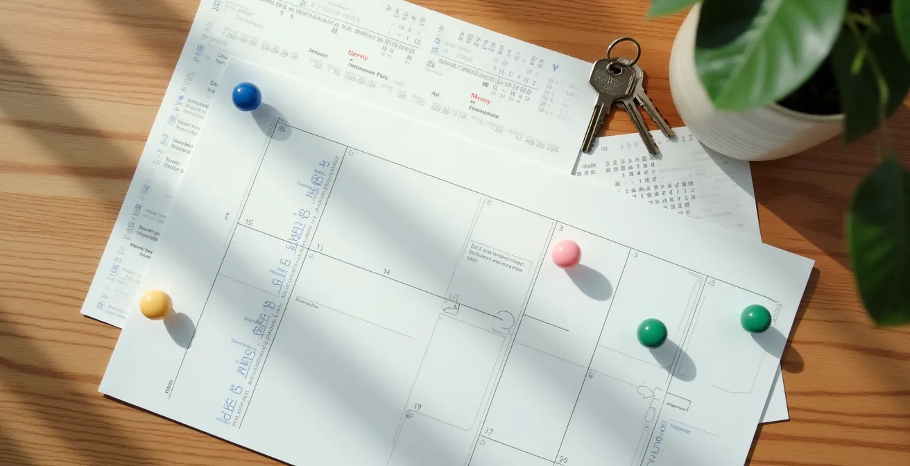 Vue d'ensemble d'un calendrier avec marqueurs colorés indiquant les meilleures périodes de recherche