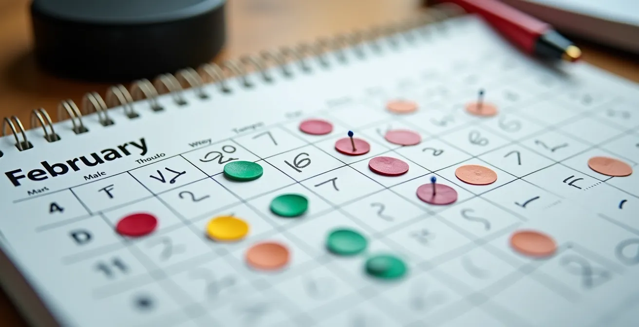 Vue macro d'un calendrier avec des marqueurs colorés pour les périodes de réservation