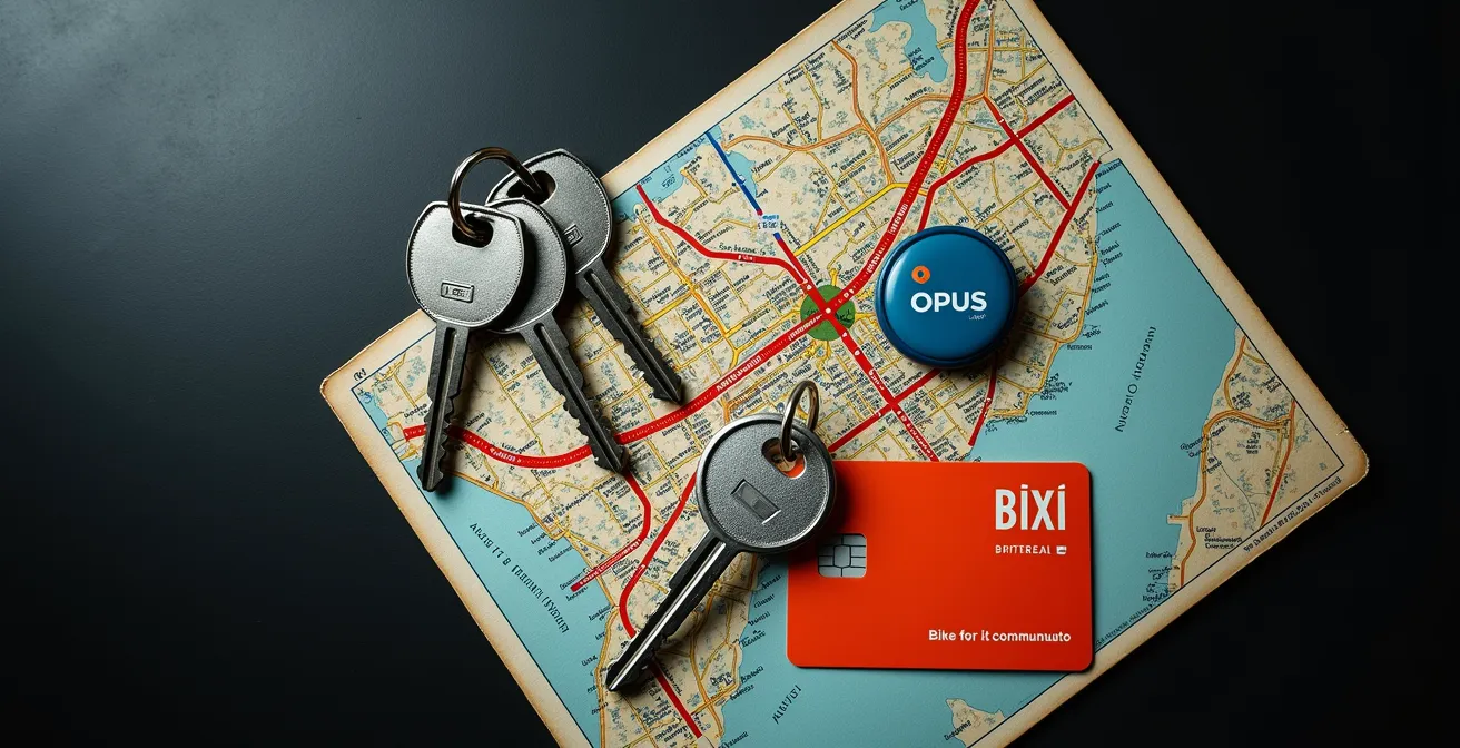 Vue aérienne stylisée montrant l'interconnexion des réseaux de transport de Montréal avec stations de métro, bornes BIXI et points Communauto