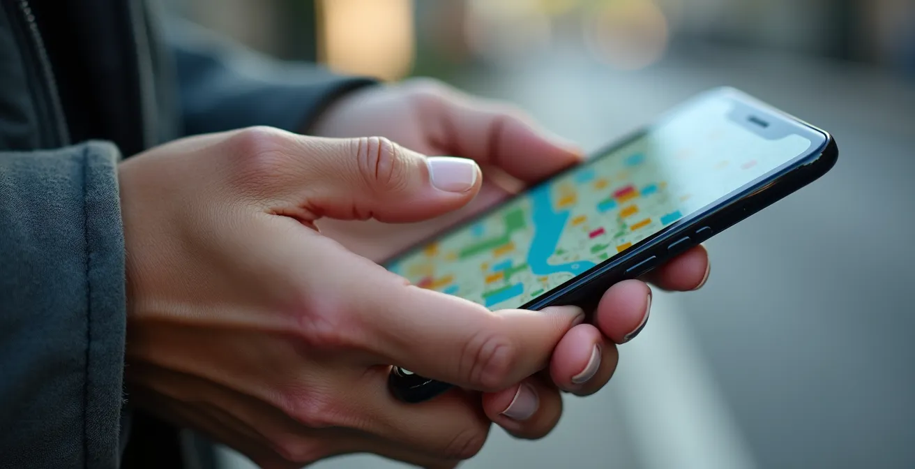 Vue macro d'une main tenant un smartphone avec une carte de stationnement de Montréal