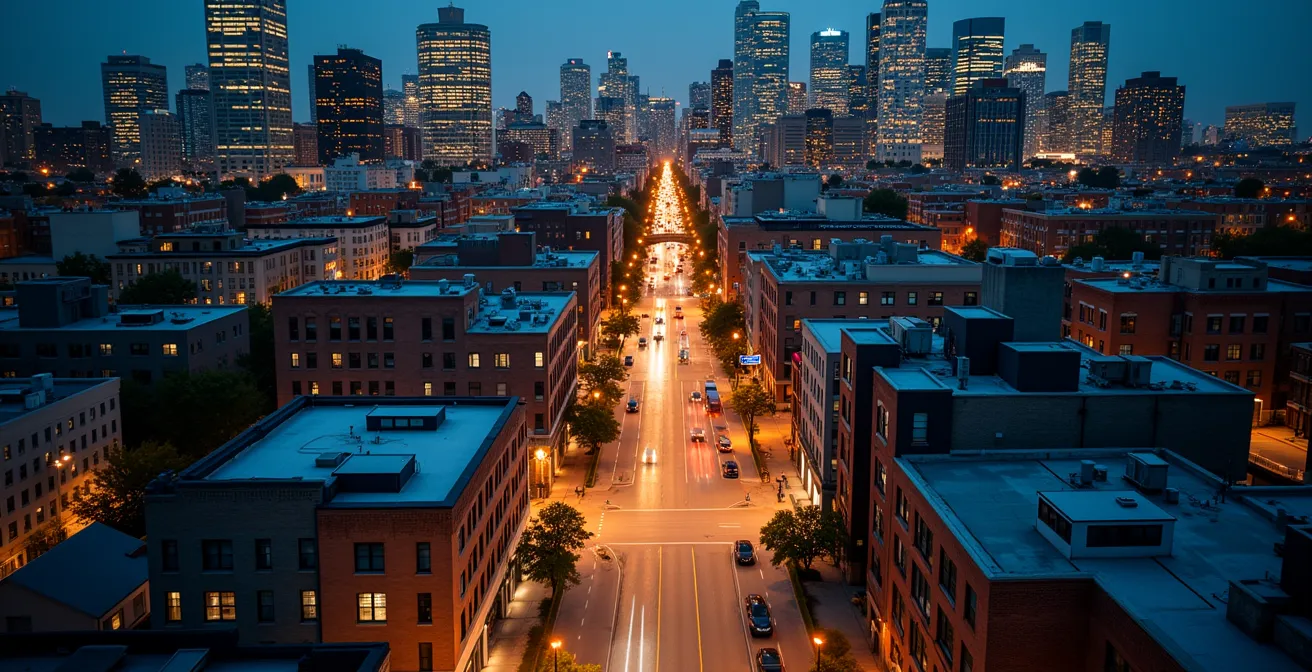 Vue aérienne stylisée du centre-ville de Montréal montrant les contrastes entre zones commerciales et résidentielles