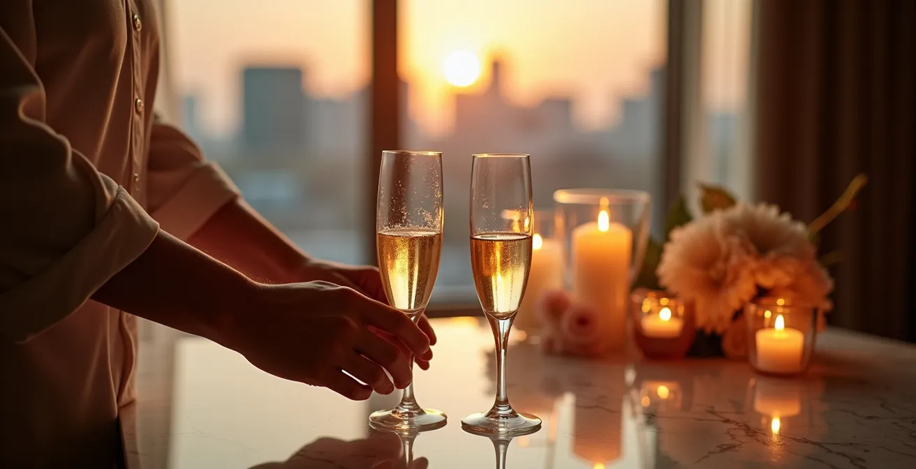 Chambre d'hôtel de luxe préparée pour une célébration spéciale avec décoration élégante