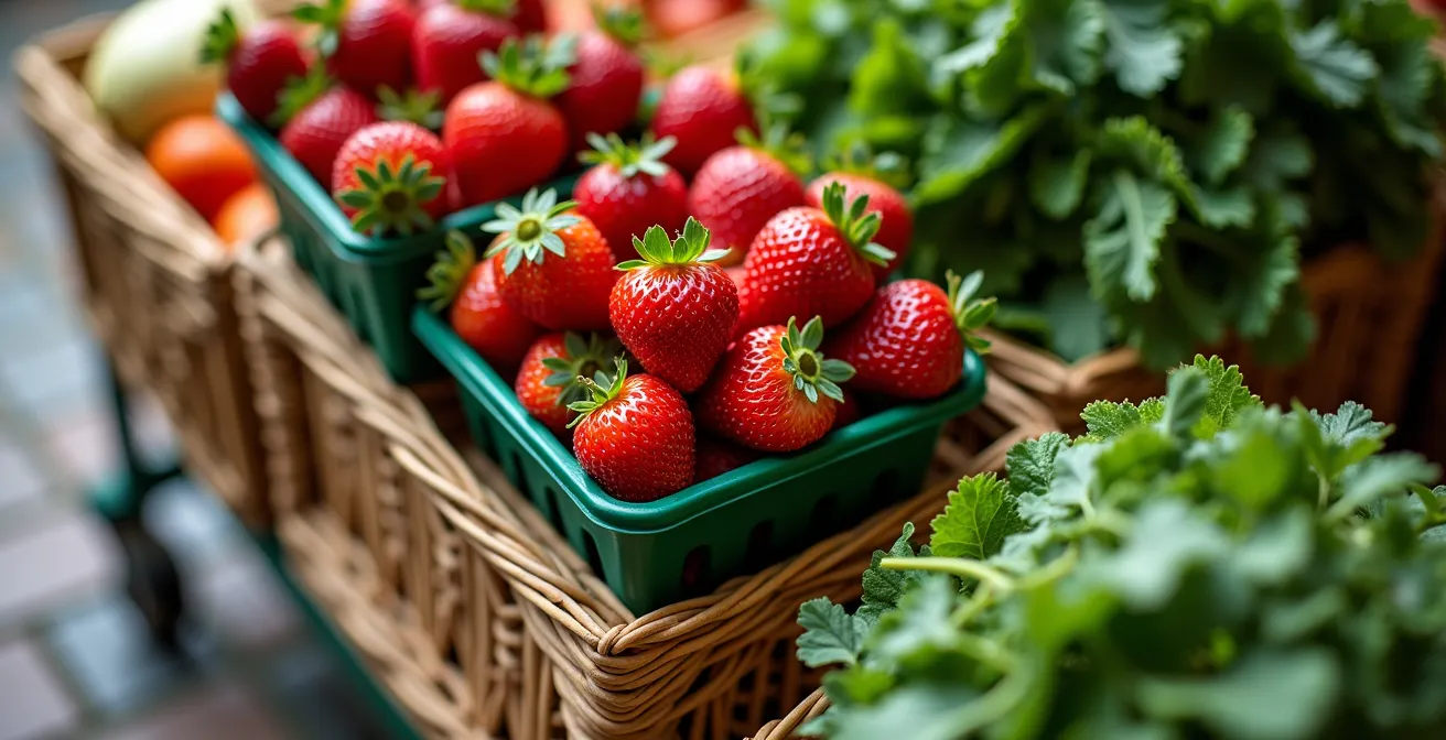 Gros plan sur un chariot de marché méthodiquement organisé avec des fraises protégées au sommet
