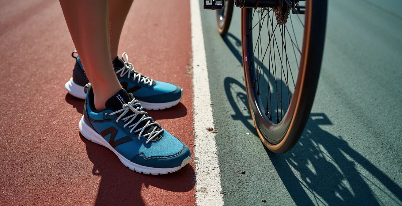 Montage symbolique montrant des chaussures de course et un vélo de triathlon côte à côte sur une piste