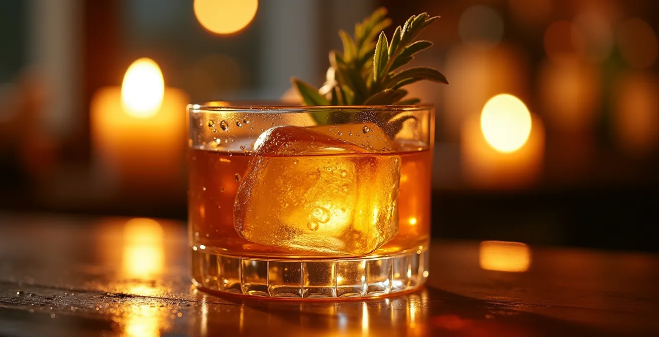 Gros plan sur un cocktail artisanal avec glace sculptée et garnish élaboré dans une ambiance tamisée