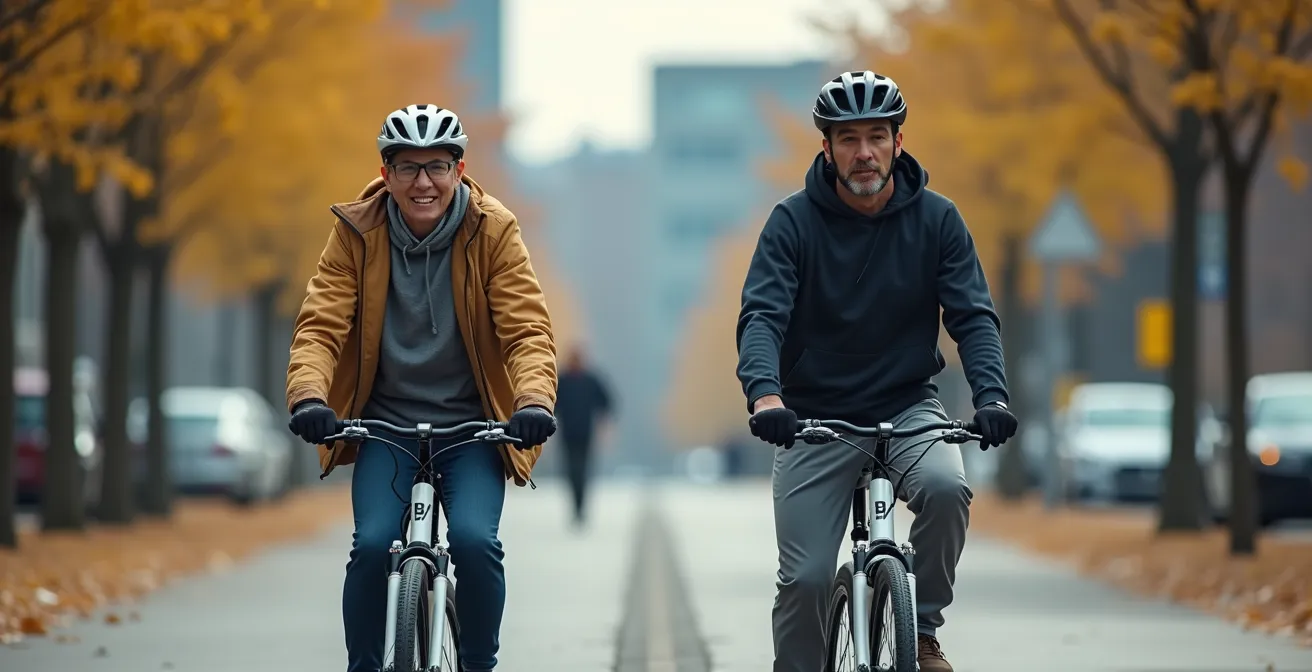 Personne marchant à côté d'un cycliste BIXI sur une piste cyclable protégée de Montréal