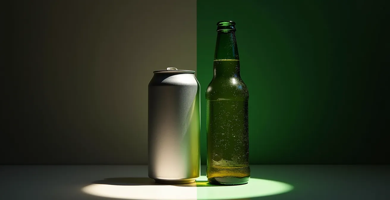 Comparaison visuelle entre canette de bière protégée et bouteille verte exposée à la lumière montrant la différence de protection