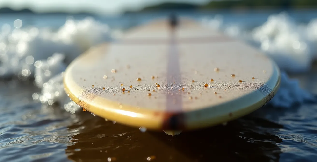 Vue macro d'une planche de surf spécialisée pour la rivière avec détails de construction