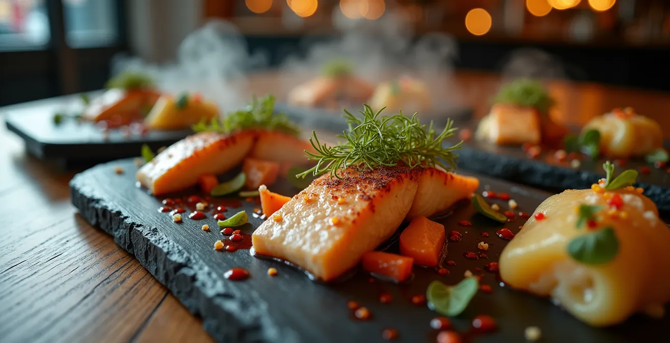 Gros plan sur plats gastronomiques variés présentés sur plateau de halle gourmande