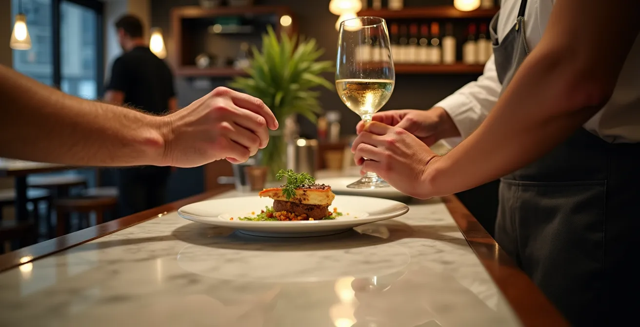 Vue rapprochée d'un comptoir de restaurant avec chef en action et places au bar