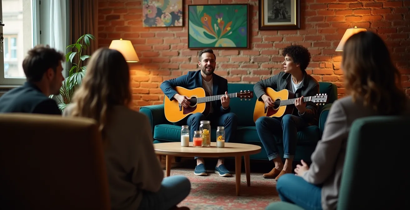 Concert acoustique dans un salon montréalais avec musiciens et public assis en cercle