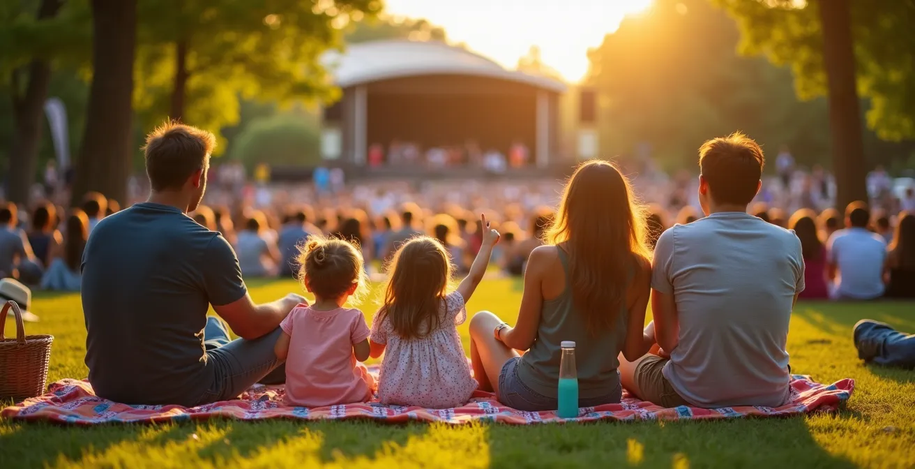Concert symphonique en plein air au parc avec familles sur couvertures de pique-nique