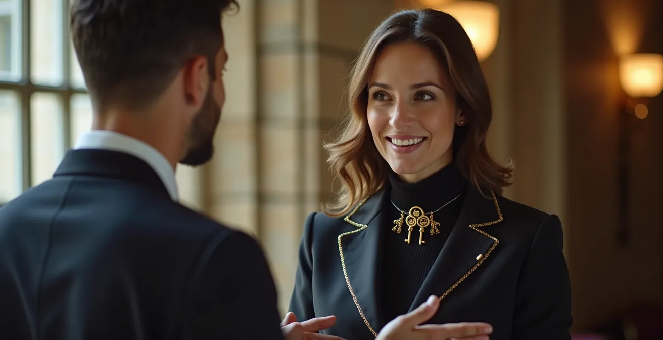 Concierge aux Clés d'Or dans le lobby d'un boutique-hôtel montréalais avec murs en pierre historique