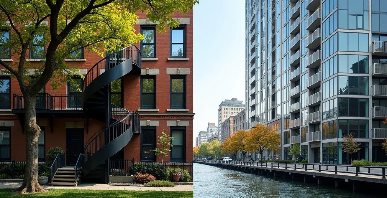 Juxtaposition photographique montrant la différence architecturale entre les escaliers en fer forgé du Plateau et les lignes modernes de Griffintown