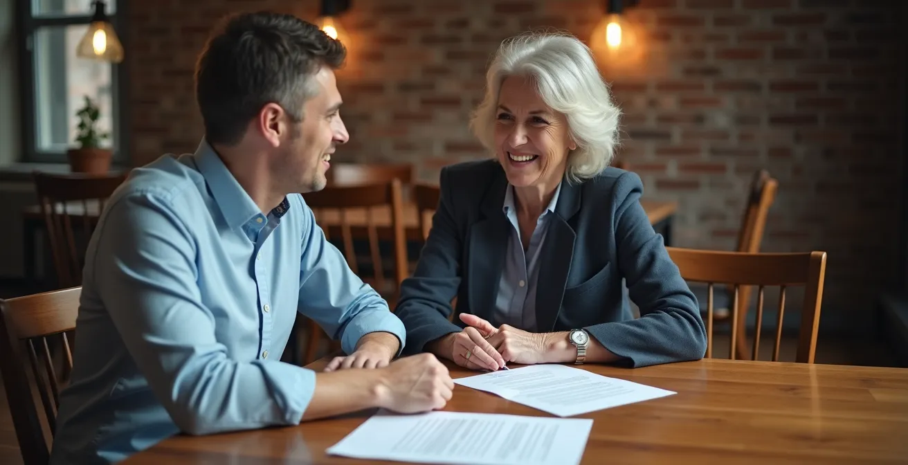 Propriétaire et locataire examinant ensemble un contrat de location autour d'une table dans un intérieur montréalais typique