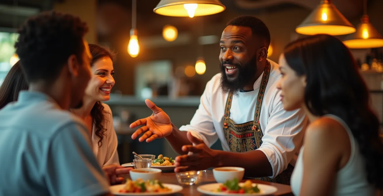 Chef haïtien discutant chaleureusement avec des clients dans un petit restaurant familial de Montréal-Nord