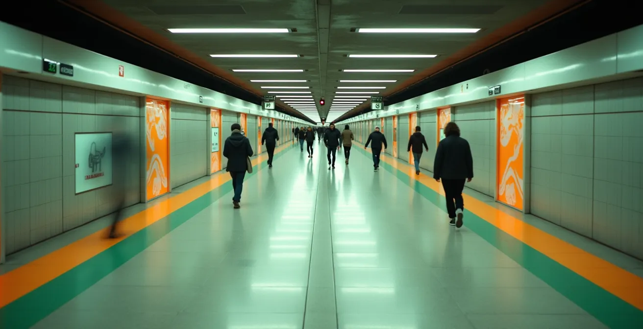 Vue aérienne de la station Berri-UQAM montrant les couloirs de correspondance entre les lignes
