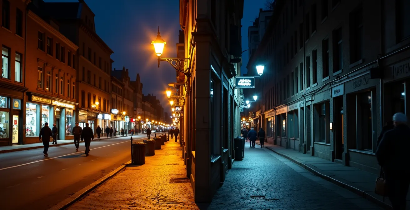 Contraste entre une rue principale éclairée et une ruelle sombre à Montréal