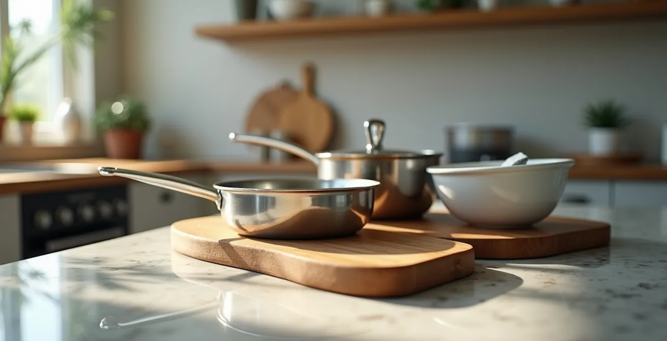 Gros plan sur une cuisine moderne avec ustensiles et équipements visibles