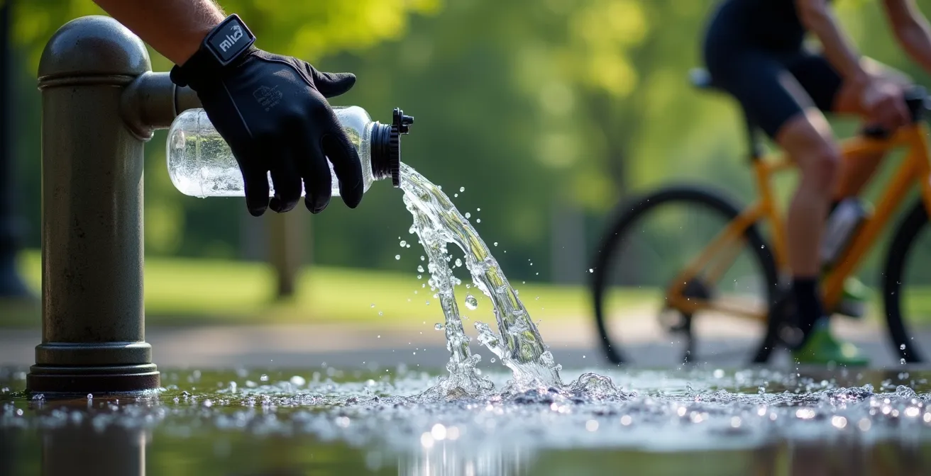Cycliste remplissant sa gourde à une fontaine d'eau dans un parc verdoyant avec son vélo appuyé à côté