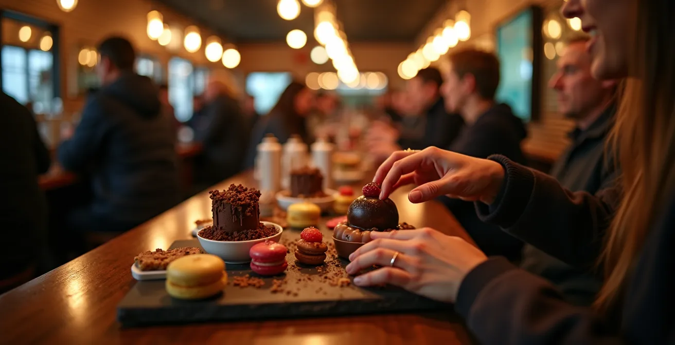 Bar à desserts animé de Montréal un samedi soir avec clients savourant des créations sucrées