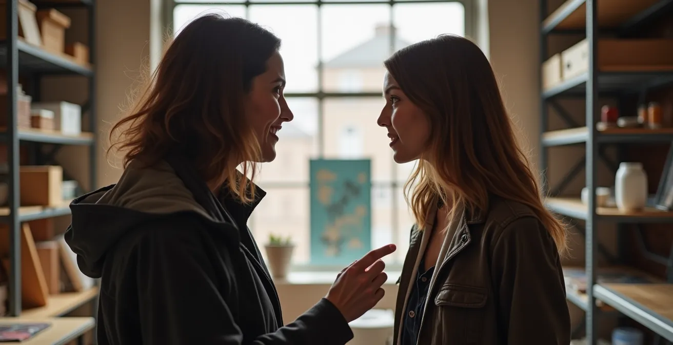 Échange respectueux entre un visiteur et un artiste dans son atelier montréalais