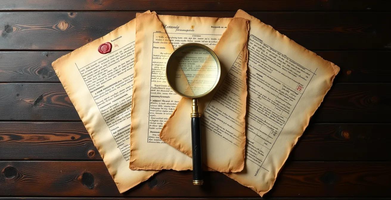 Vue aérienne de documents d'archives disposés en éventail sur une table de consultation