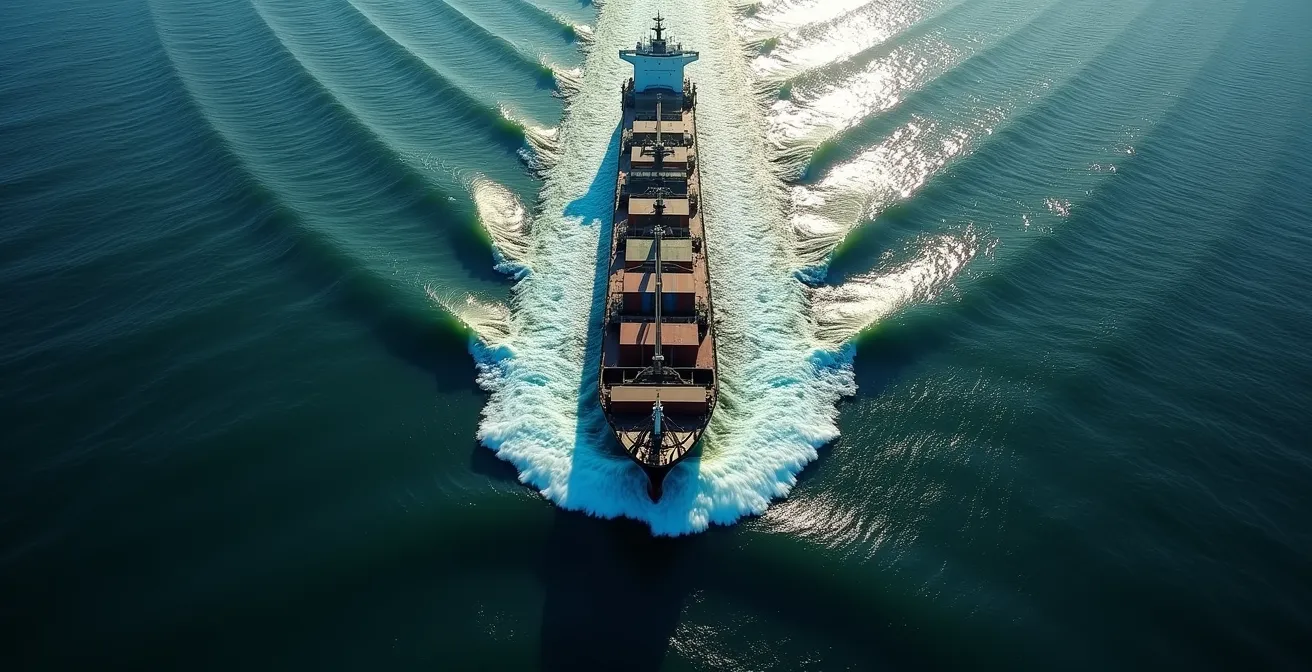 Vue aérienne d'un cargo créant des remous et zones de succion dans le chenal du Saint-Laurent