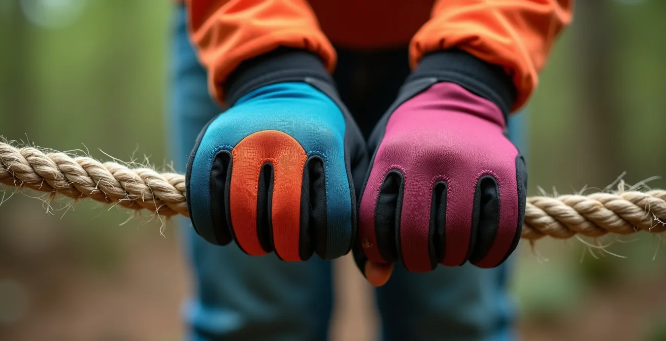 Gros plan sur les mains d'un enfant portant des gants de protection sur une corde d'hébertisme