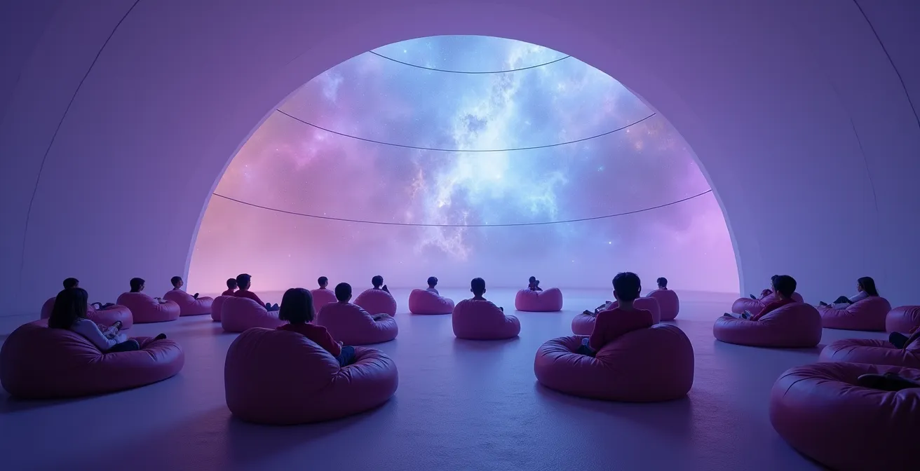 Enfant allongé sur un pouf confortable sous un dôme étoilé avec des projections de nébuleuses colorées