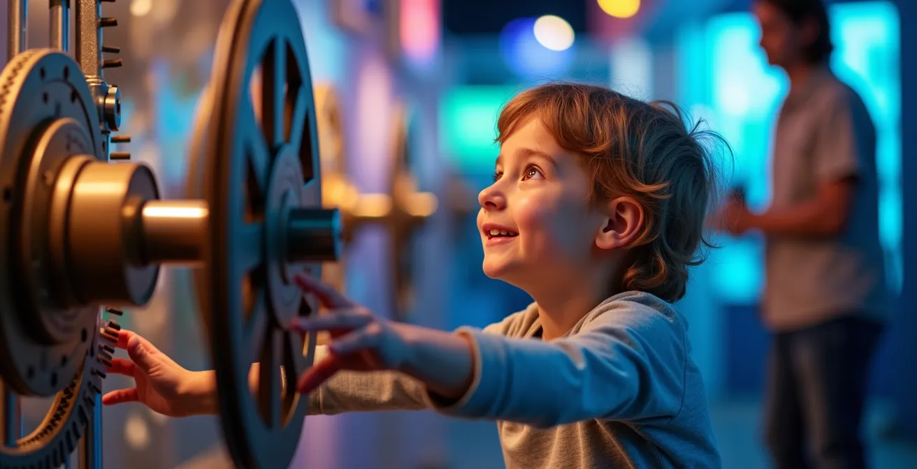 Enfant utilisant une installation interactive avec capteurs de mouvement dans un environnement scientifique coloré