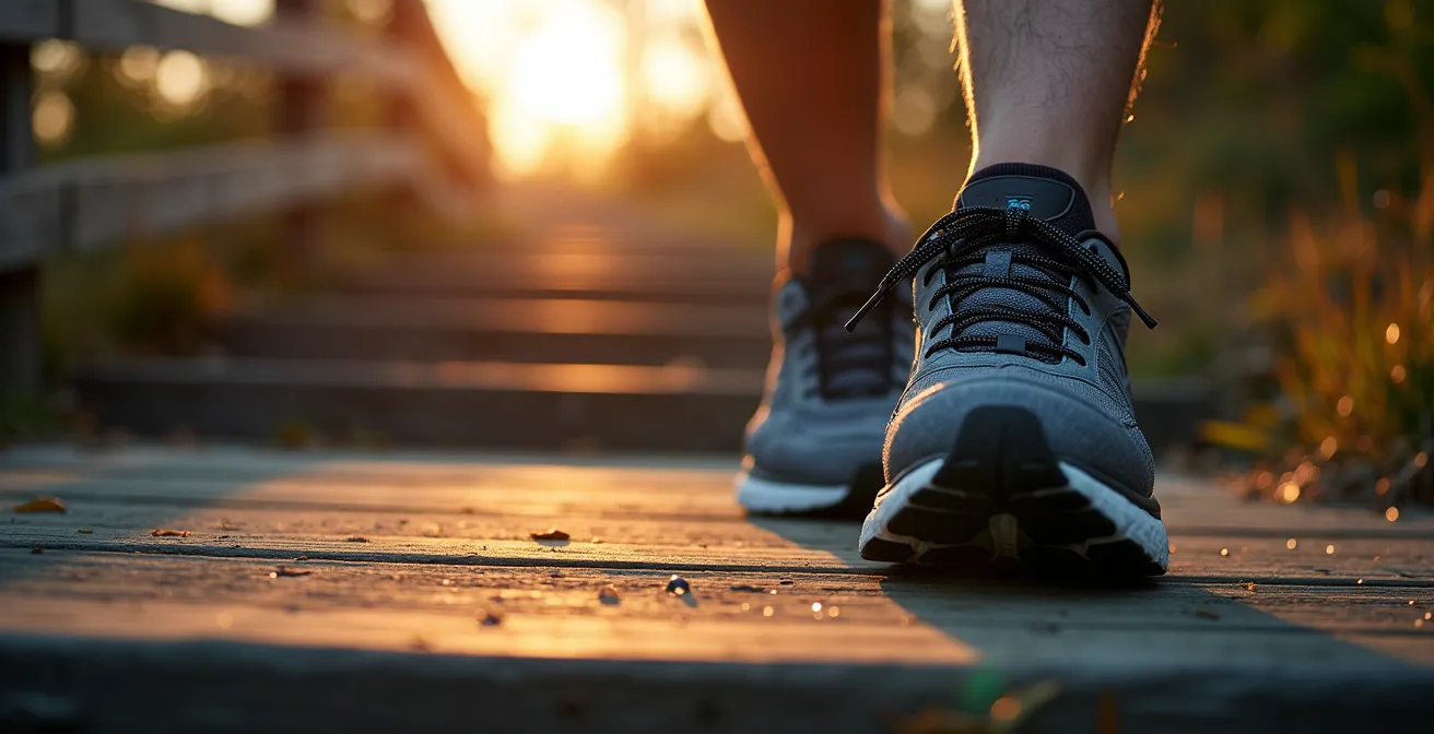 Coureurs montant les escaliers du Mont-Royal au lever du soleil avec vue sur la ville