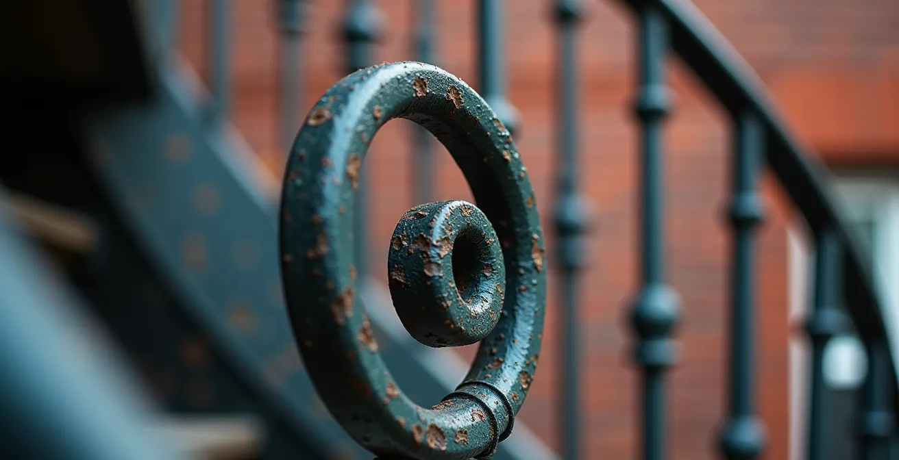 Escalier extérieur en fer forgé typique de Montréal photographié en contre-plongée