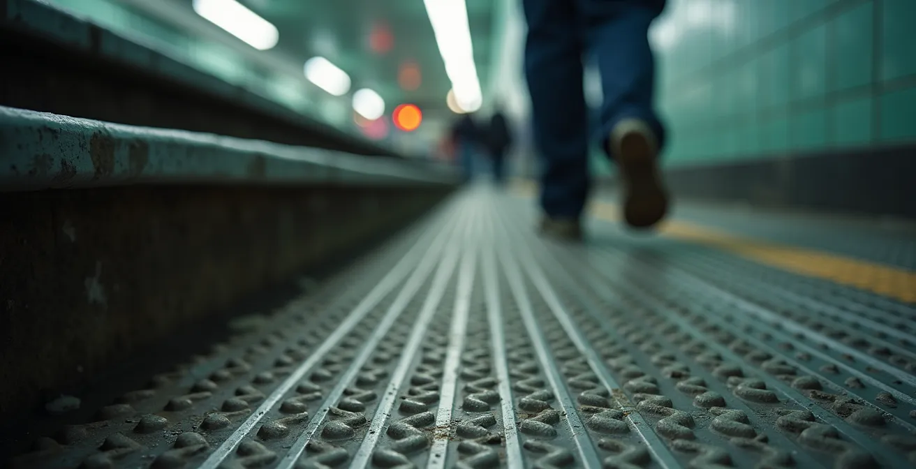 Vue macro des marches d'escalier du métro de Montréal avec texture anti-dérapante