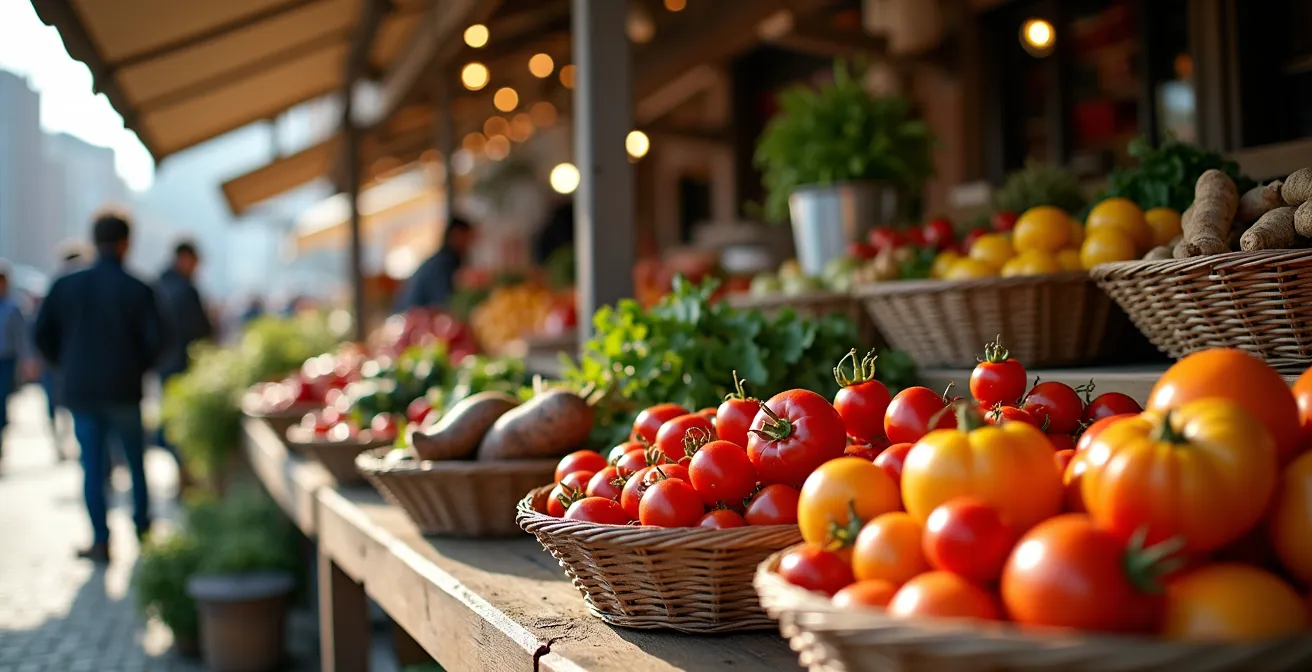 Étal de producteur local avec légumes racines terreux et paniers de tomates non uniformes au Marché Jean-Talon