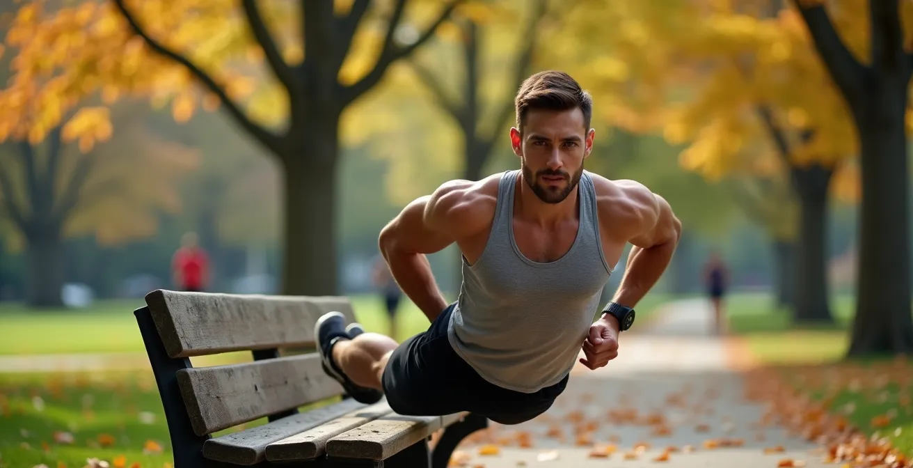 Personne effectuant des exercices de fitness sur un banc de parc avec des arbres en arrière-plan