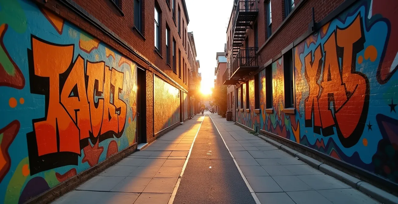 Ruelle montréalaise colorée avec murales abstraites et jeux d'ombres au crépuscule