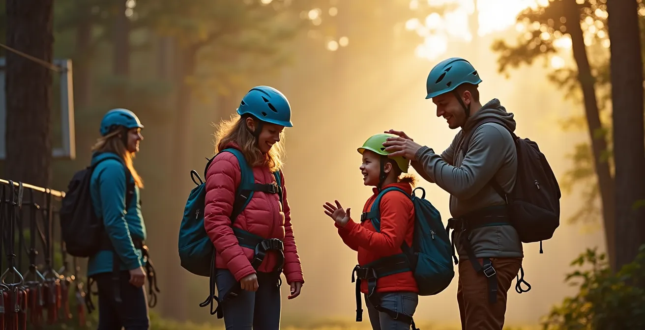 Vue large d'une famille se préparant dans la zone d'équipement d'un parc d'hébertisme au petit matin