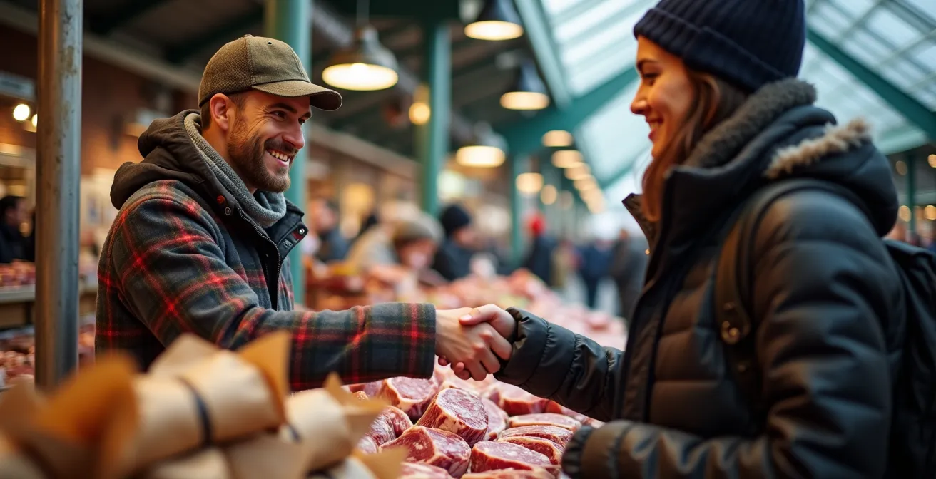 Échange entre un fermier et un client au Marché Jean-Talon en hiver