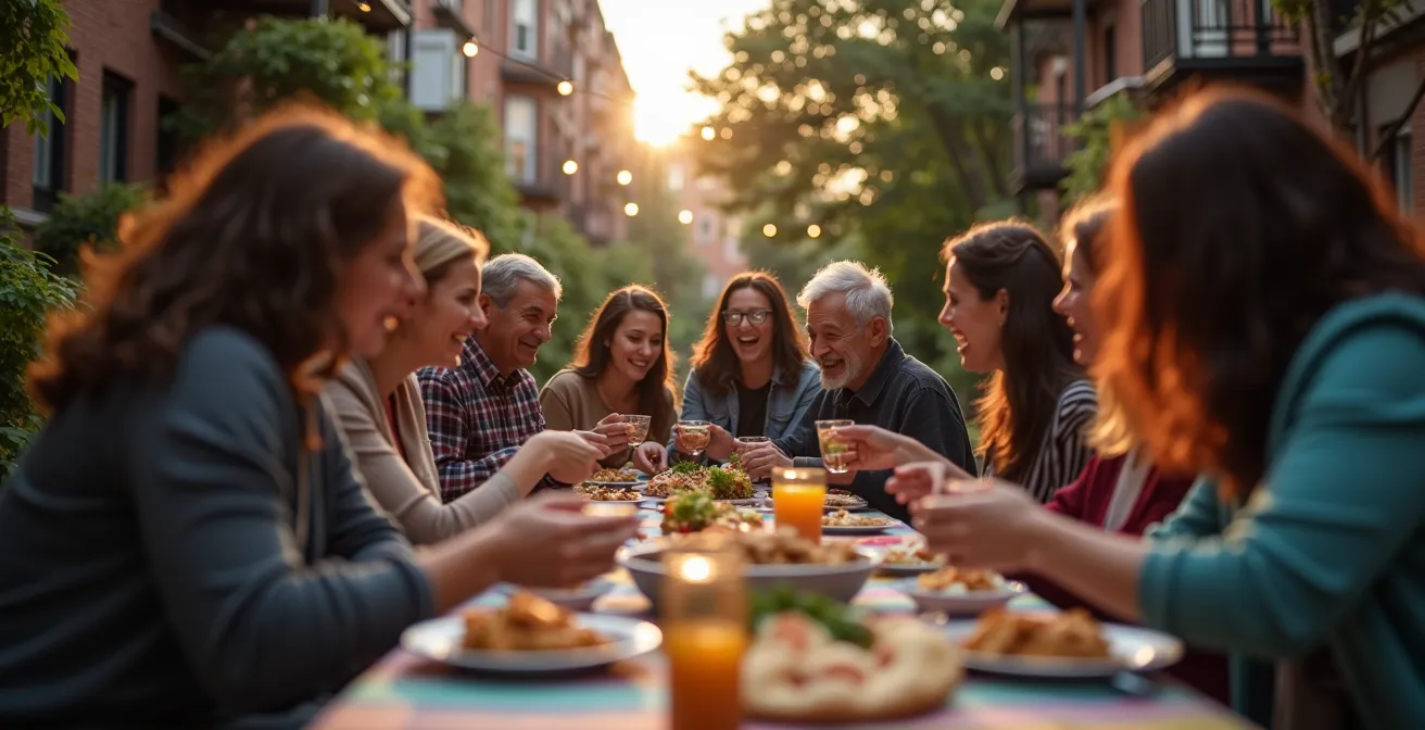 Fête de voisins dans une ruelle verdoyante de Montréal avec tables partagées et guirlandes lumineuses