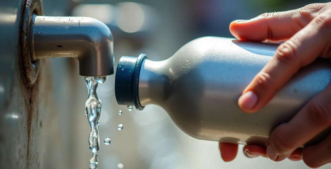 Gros plan sur des mains remplissant une gourde réutilisable à une fontaine d'eau publique